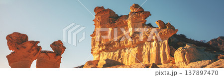 Mushroom rocks in the city of Bolnuevo in Mazarron. Costa Calida, Murcia, Spain. Las Gredas de Bolnuevo. Horizontal banner 137897470