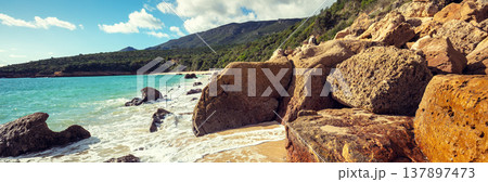 Galapinhos beach on a sunny day. Rocky seascape. Setubal region, Atlantic Ocean, Portugal 137897473