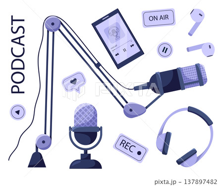 Set of different podcast elements. Podcasting, online show, streaming, blogging concept. Vector illustration in cartoon flat style isolated on white background. Set of different podcast elements. Podcasting, online show, streaming, blogging concept. Vector illustration in cartoon flat style isolated on white background. 137897482