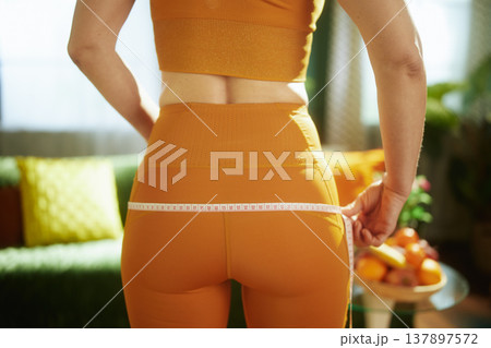 Back View of Woman Measuring Hips During Fitness Routine 137897572
