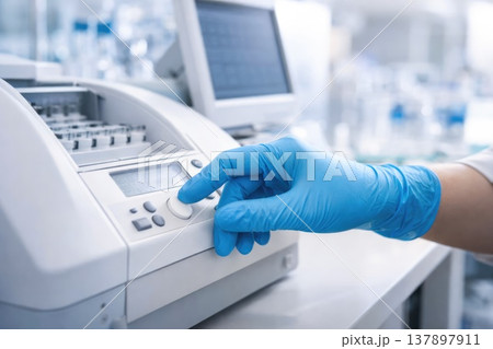 Laboratory technician adjusting scientific equipment with touchscreen interface Laboratory technician adjusting scientific equipment with touchscreen interface 137897911