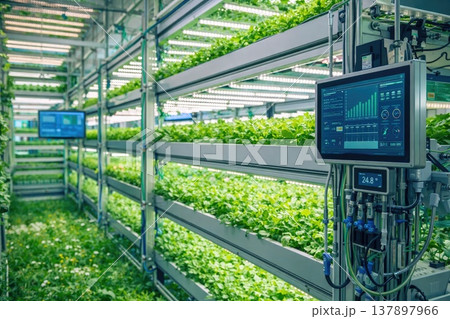 Modern vertical farming system with LED lighting and automated monitoring technology in greenhouse 137897966