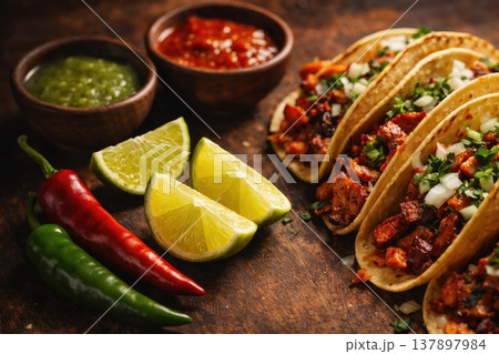 Authentic Mexican tacos with lime chili peppers and salsa on rustic wooden table 137897984