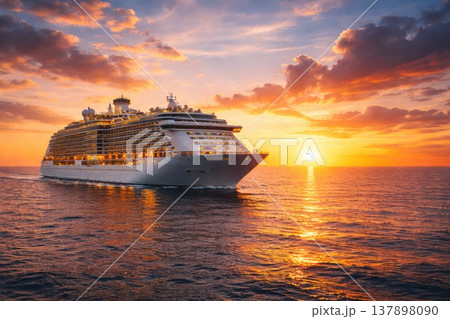 Luxury cruise ship sailing across calm ocean water during colorful sunset Luxury cruise ship sailing across calm ocean water during colorful sunset 137898090
