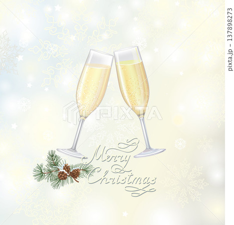 Two flute glasses filled with sparkling champagne over  winter nnoel snowy blur background.Merry Christmas greeting card with snowflakes and conifeerous branch with cone in snow 137898273
