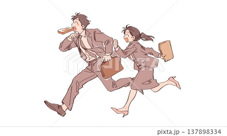 朝の出勤で慌ただしく家を出る若い共働きの夫婦 137898334