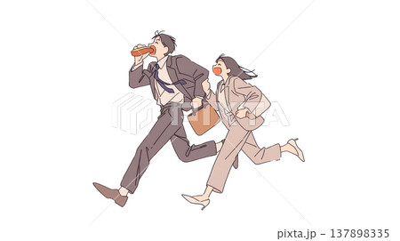朝の出勤で慌ただしく家を出る若い共働きの夫婦 朝の出勤で慌ただしく家を出る若い共働きの夫婦 137898335