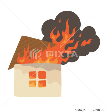 激しい炎と黒煙が立ち上る住宅火災のコンセプトイラスト 激しい炎と黒煙が立ち上る住宅火災のコンセプトイラスト 137898388