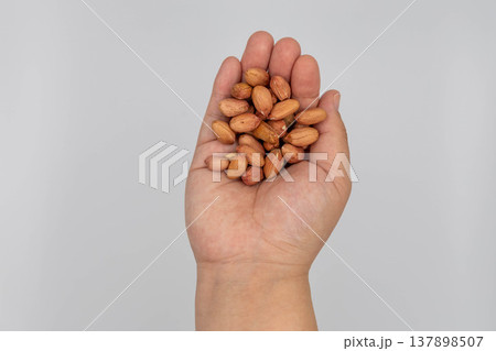白背景で手のひらに乗せたピーナッツのクローズアップ 白背景で手のひらに乗せたピーナッツのクローズアップ 137898507