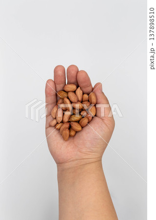 白背景で手のひらに乗せたピーナッツのクローズアップ 137898510