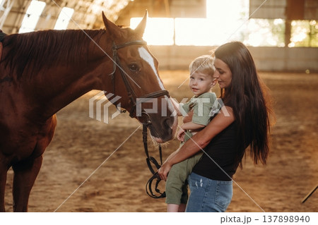 Curious kid is touching the animal. Mother and little son are with horse in hangar 137898940