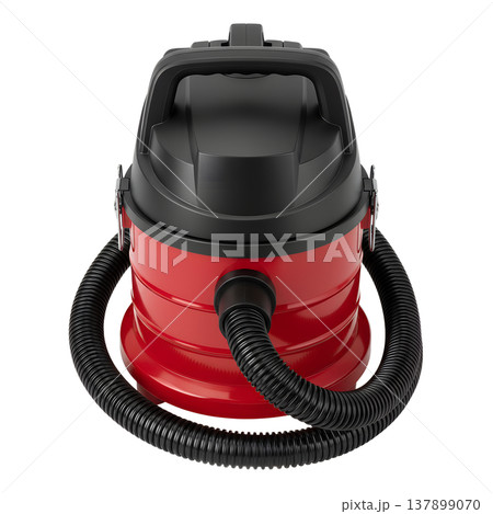 Powerful red and black wet dry shop vacuum cleaner with a hose and wheels, isolated. Perfect for garage cleaning and heavy-duty tasks 137899070