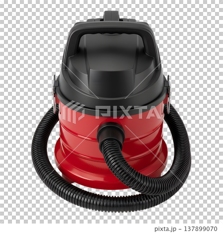 Powerful red and black wet dry shop vacuum cleaner with a hose and wheels, isolated. Perfect for garage cleaning and heavy-duty tasks 137899070
