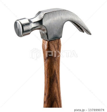 Classic claw hammer with a sturdy wooden handle and metal head, isolated. Perfect for diy, construction, and home repair concepts Classic claw hammer with a sturdy wooden handle and metal head, isolated. Perfect for diy, construction, and home repair concepts 137899074