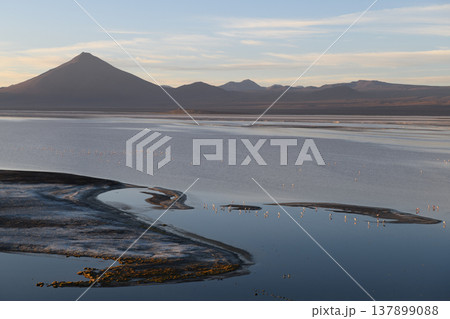 Serene volcanic mountain landscape view over lake at sunrise in Bolivia 137899088