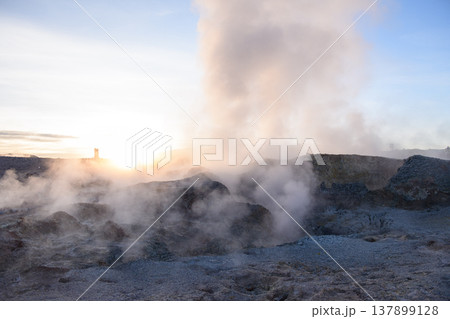 Dramatic sunrise at Sol de Manana geothermal field de vapor Dramatic sunrise at Sol de Manana geothermal field de vapor 137899128