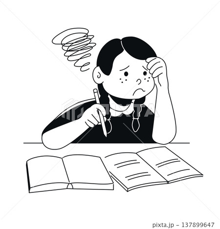 Girl Struggling with Homework - Black and White Flat Design Illustration Girl Struggling with Homework - Black and White Flat Design Illustration 137899647