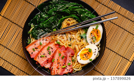 Traditional ramen noodle soup with brisket, spinach and egg. Traditional ramen noodle soup with brisket, spinach and egg. 137899826