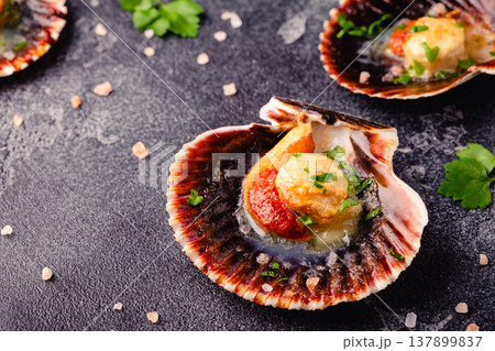Cooked scallops with parsley Cooked scallops with parsley 137899837