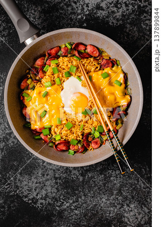 Korean style instant noodle, Shin Ramyeon with sausages 137899844