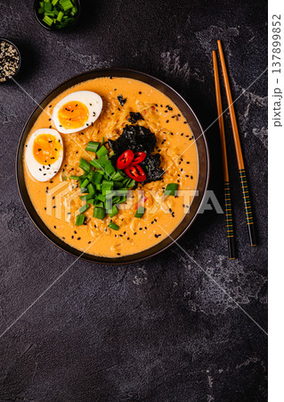 Korean style instant noodle, Shin Ramyeon with egg. Korean style instant noodle, Shin Ramyeon with egg. 137899852