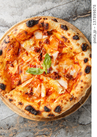 Hot pizza with smoked chicken, brie cheese, sun-dried tomatoes, mozzarella and herbs close-up on a board on the table. Vertical top view Hot pizza with smoked chicken, brie cheese, sun-dried tomatoes, mozzarella and herbs close-up on a board on the table. Vertical top view 137899878