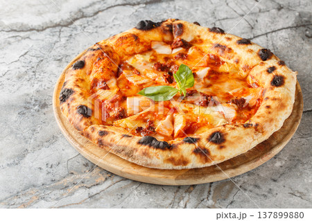 Charred crispy pizza with smoked chicken, brie cheese and sun-dried tomatoes close-up on a wooden board. Horizontal 137899880