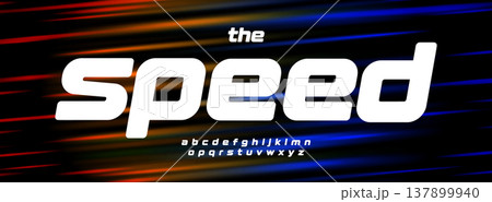 Modern Tech Racing Font With Speed Lines Effect On Red, Turquoise, Neon Light Background. Bold Sport Alphabet For Car, Motorsport, Game Logo, Poster, Technology Typographic Design. Vector typeset. 137899940