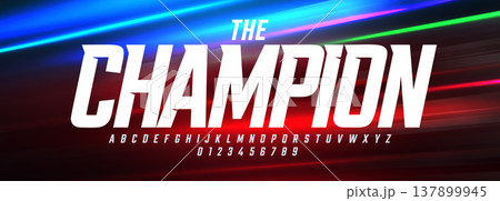 Bold Sporty Font with Sharp Edges and Strong Condensed Style, Perfect for Sports League Headlines, Race Poster and Champion Theme Title, Team Jersey T-short letters and numbers set. Vector typeset Bold Sporty Font with Sharp Edges and Strong Condensed Style, Perfect for Sports League Headlines, Race Poster and Champion Theme Title, Team Jersey T-short letters and numbers set. Vector typeset 137899945
