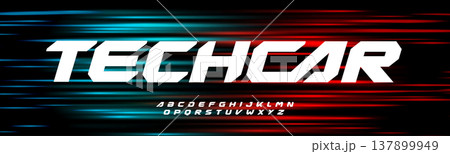 Modern Tech Racing Font With Speed Lines Effect On Red, Turquoise, Neon Light Background. Bold Sport Alphabet For Car, Motorsport, Game Logo, Poster, Technology Typographic Design. Vector typeset. 137899949