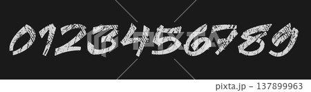 Number Hand Drawn Sketch Paint Brush with Rough Scratch Texture Written Script, Handwritten Numbers T-Shirt Typographic Design in Chalk Dirty Style on Chalkboard Background. Vector Numeric Signs 137899963
