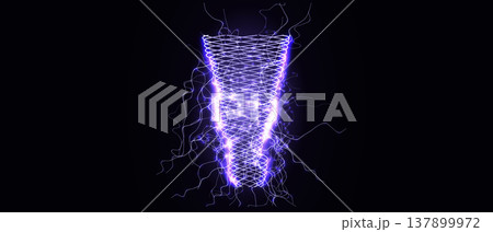 Abstract glowing electric AI tornado vortex, neon purple spiral energy storm on dark background. Futuristic techno cyber storm for artificial intelligence forum presentation. Vector illustration 137899972