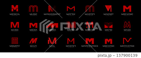 Modern Geometric Minimalist Abstract Creative Branding, Business Identity Design. Red Letters M Logo Concept Monogram Set for Startups, Businesses, Companies Logos Collection. Vector Illustration 137900139