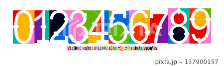 Color Numbers Letters Alphabet Font for Kid Birthday Years Logo, Corporate Anniversary Sign, Race Sport Team Jersey Numeric. Colorful Cutout Paper Typographic Design. Vector Illustration 137900157