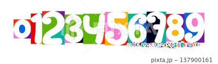 Color Numbers Letters Alphabet Font for Kid Birthday Years Logo, Corporate Anniversary Sign, Race Sport Team Jersey Numeric. Colorful Cutout Paper Typographic Design. Vector Illustration 137900161