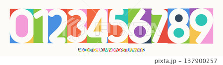 Color Numbers Letters Alphabet Font for Kid Birthday Years Logo, Corporate Anniversary Sign, Race Sport Team Jersey Numeric. Colorful Cutout Paper Typographic Design. Sports Num. Vector Illustration 137900257