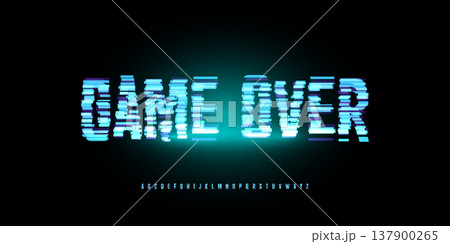 Digital Glitch Font Logo Alphabet Button, Turquoise Neon Glowing Light Future Noise Effect Letter Signs Set, Computer Game Typographic Design, Interface Headline Title, Game Over Text. Vector Typeset 137900265