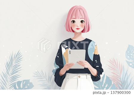 絵美シリーズ：タブレットを持つピンク髪の若い女性 春の絵美シリーズイラスト素材 137900300