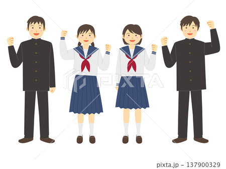ガッツポーズをして喜ぶ制服を着て男女の生徒のイラストのセット 137900329