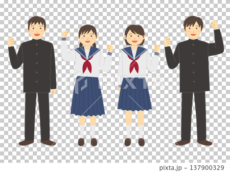 一組插圖,描繪了身穿校服的男女學生擺出勝利姿勢慶祝的場景。 一組插圖,描繪了身穿校服的男女學生擺出勝利姿勢慶祝的場景。 137900329