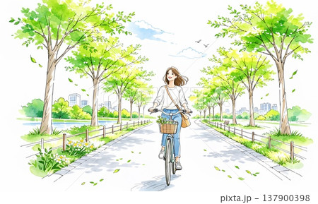 並木道を自転車で走る女性の爽やかなライフスタイルシーン 137900398