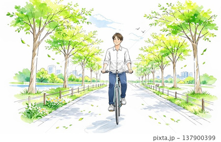 並木道を自転車で走る男性の爽やかなライフスタイルシーン 137900399
