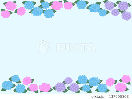 紫陽花のフレーム背景（A判サイズ・上下装飾）ベクター｜梅雨・初夏の印刷用デザイン素材 137900508