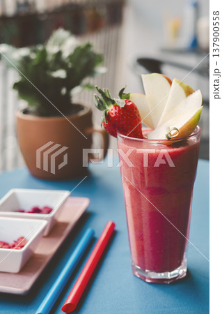 Strawbery smooties in the glass on the table Strawbery smooties in the glass on the table 137900558