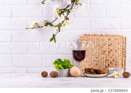 Traditional Passover Seder plate with symbolic foods. Symbolic of Jewish holiday Pesah. Traditional Passover Seder plate with symbolic foods. Symbolic of Jewish holiday Pesah. 137900604