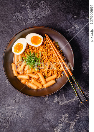Spicy Rapokki - Korean tteokbokki rice cake and ramen noodle. Spicy Rapokki - Korean tteokbokki rice cake and ramen noodle. 137900694