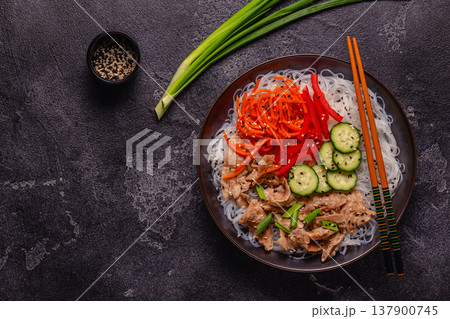 Bowl of rice noodles with vegan soy meat and vegetables. Bowl of rice noodles with vegan soy meat and vegetables. 137900745