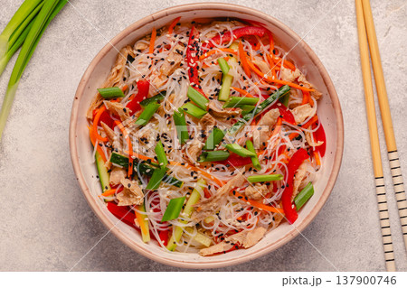 Bowl of rice noodles with vegan soy meat and vegetables. 137900746