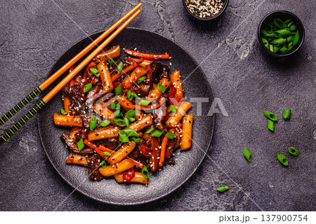 Tteokbokki ,Spicy Stir fried Rice Cake. Tteokbokki ,Spicy Stir fried Rice Cake. 137900754