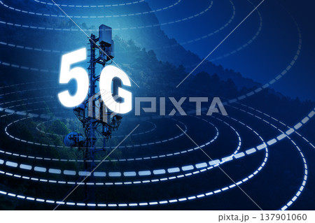 5G network tower in action providing fast internet connection in urban area 5G network tower in action providing fast internet connection in urban area 137901060
